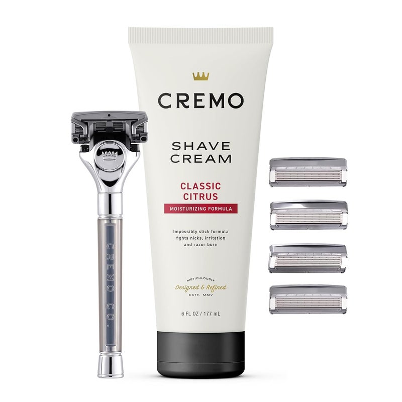 cremo طقم هدايا الحلاقة الأصلي للرجال، يتضمن كريم حلاقة 6 أونصات فائق السلاسة، وشفرات حلاقة من الدرجة الاحترافية للرجال وأربع شفرات احتياطية - Image 1